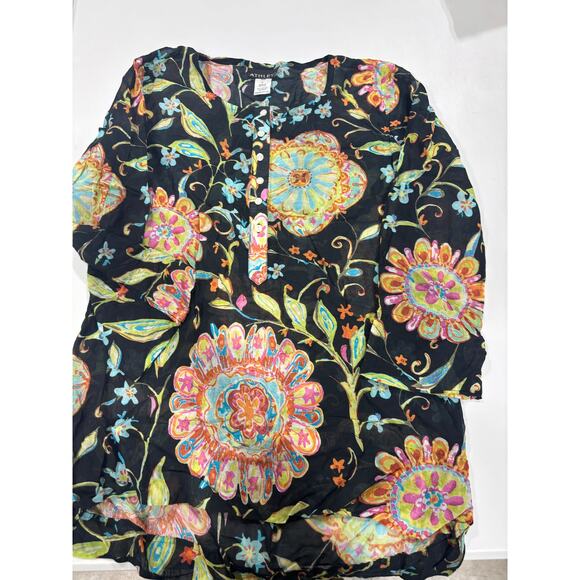Athleta Floral Boho Tunic Top Black Multicolor Cotton Silk Blend M semi sheer - Picture 5 of 7
